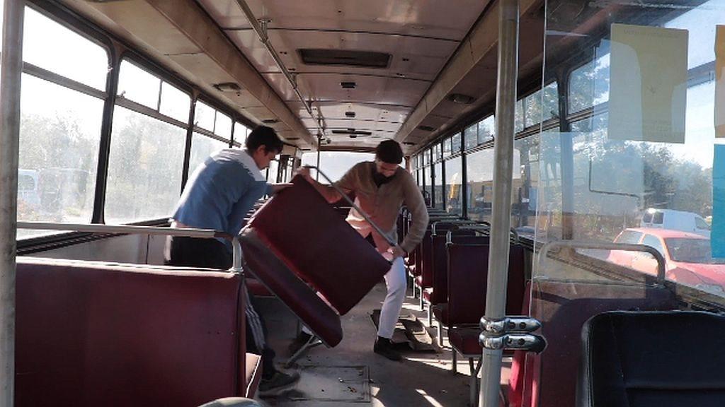 Empty school bus interior renovation