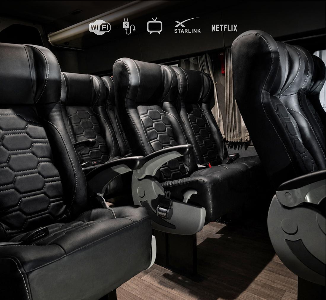 Luxury charter bus interior amenities