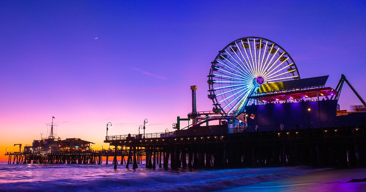 Santa Monica Pier Ferris wheel at sunset