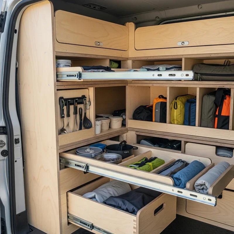 Organized bus conversion storage drawers