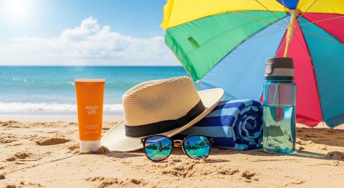 Sunscreen sunglasses and summer hat