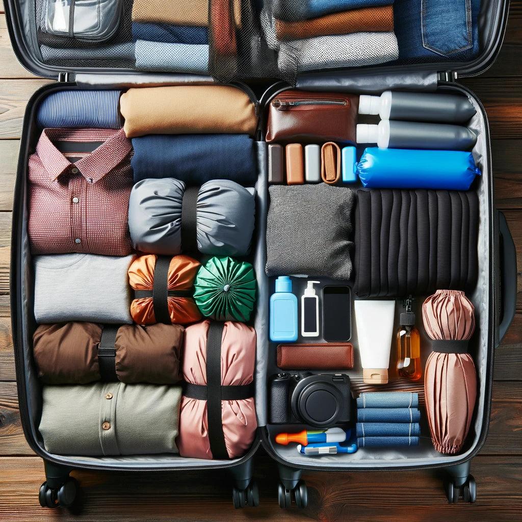 Complete suitcase layout using mixed clothes folding trick for efficient packing