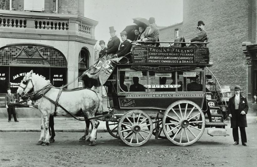 Historic horse drawn omnibus street scene
