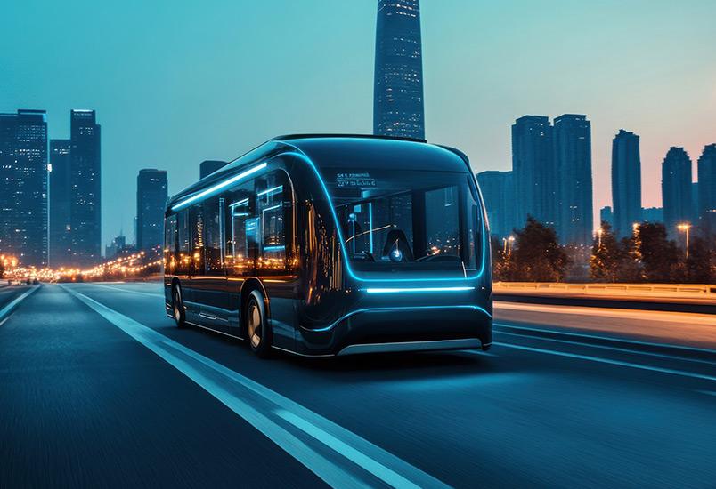 Futuristic electric bus on city road