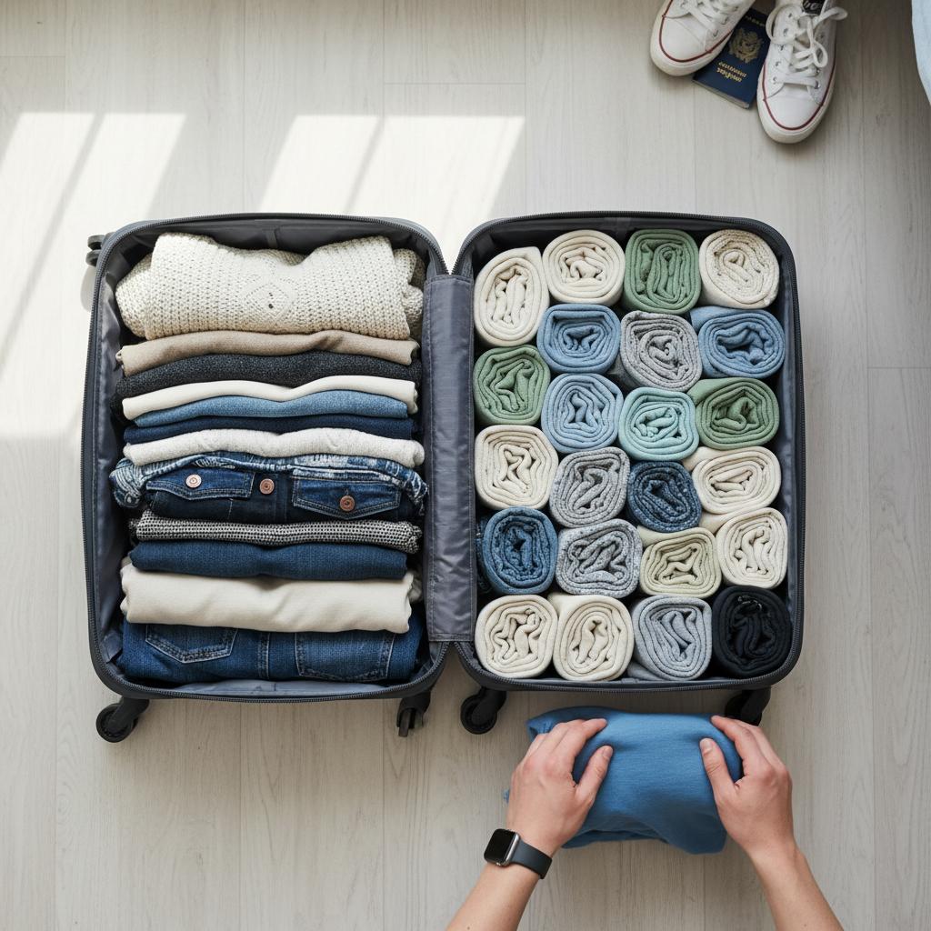 Rolled clothing arranged neatly using a clothes folding trick for suitcase packing