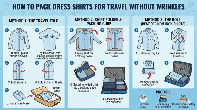 Shirt folding guide showing a clothes folding trick for suitcase wrinkle control