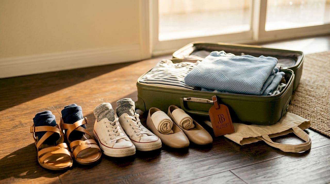 Shoes arranged for a practical 5-4-3-2-1 packing method suitcase