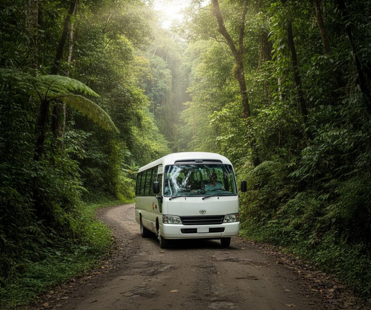 Bus through tropical landscape