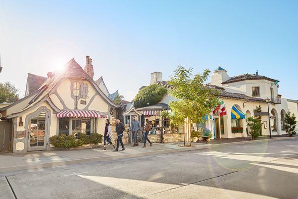Charming California coastal town street with shops